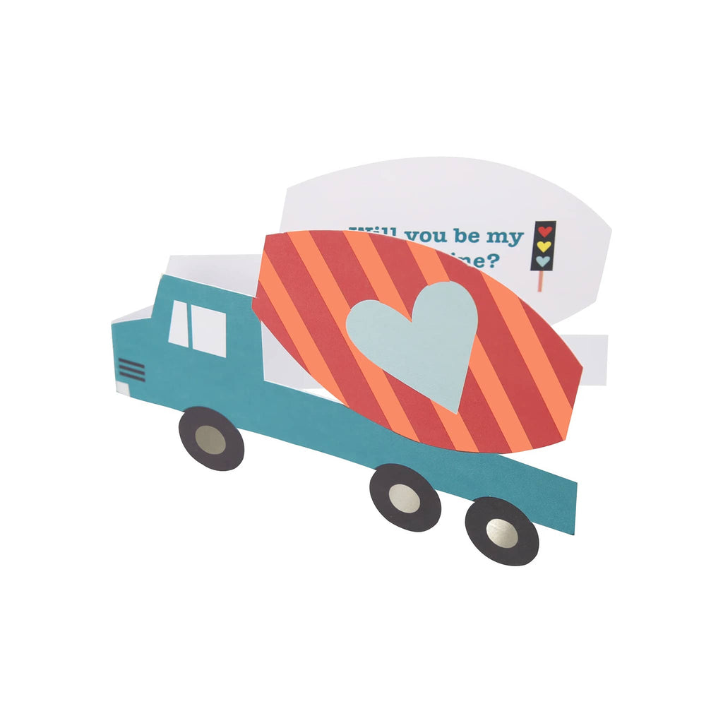 Meri Meri Truck Kids Valentine's Day cards with stickers set, cement mixer truck card.