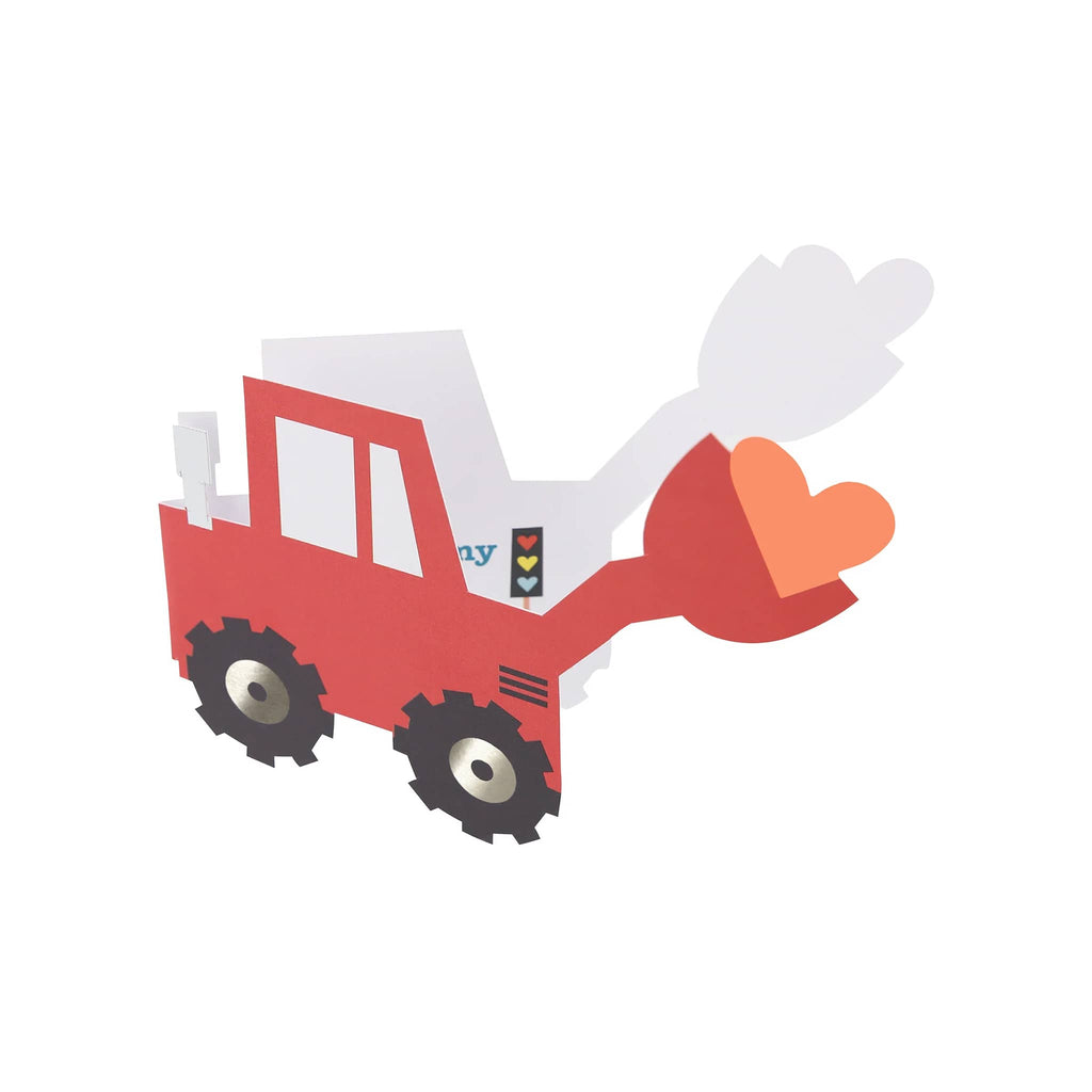 Meri Meri Truck Kids Valentine's Day cards with stickers set, front loader truck card.