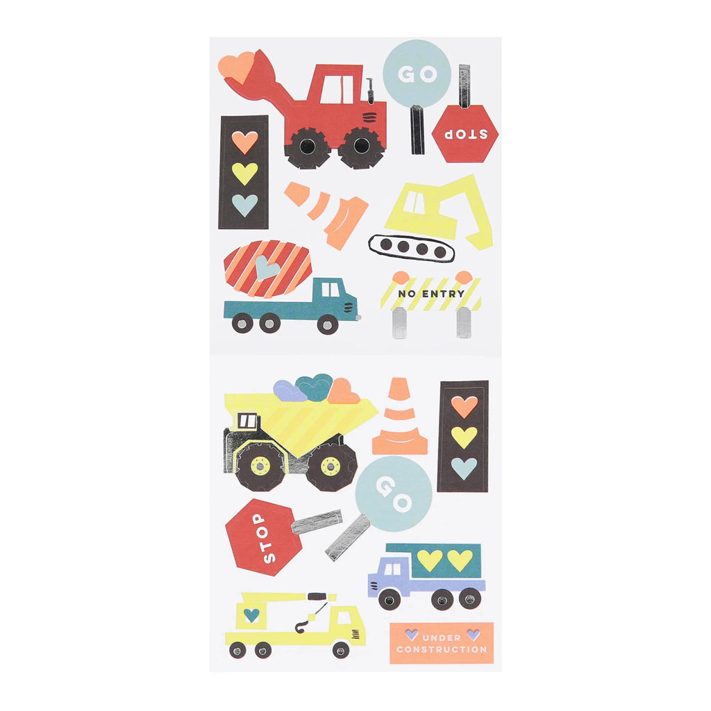 Meri Meri Truck Kids Valentine's Day cards with stickers set, full sticker sheet shown with construction-themed stickers.