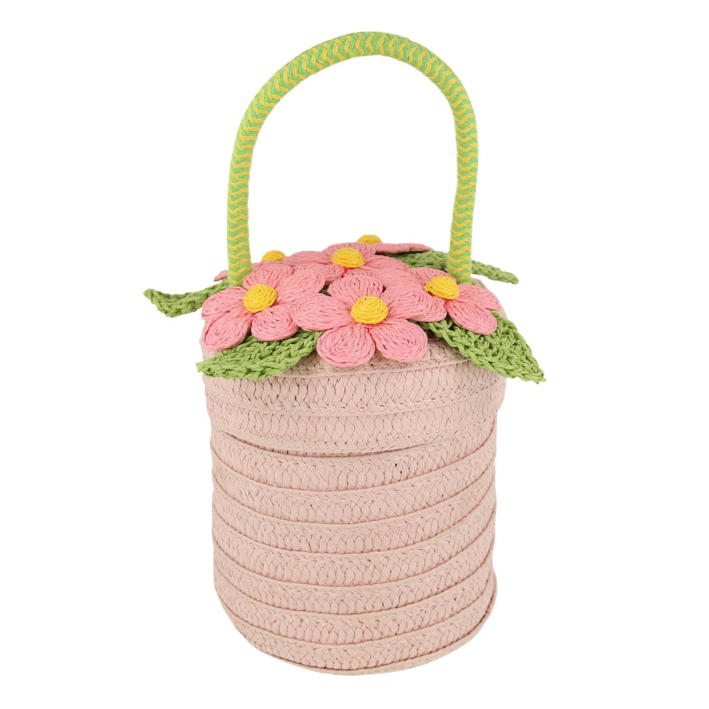 Meri Meri Flower Pot woven paper basket bag with handle, front view.