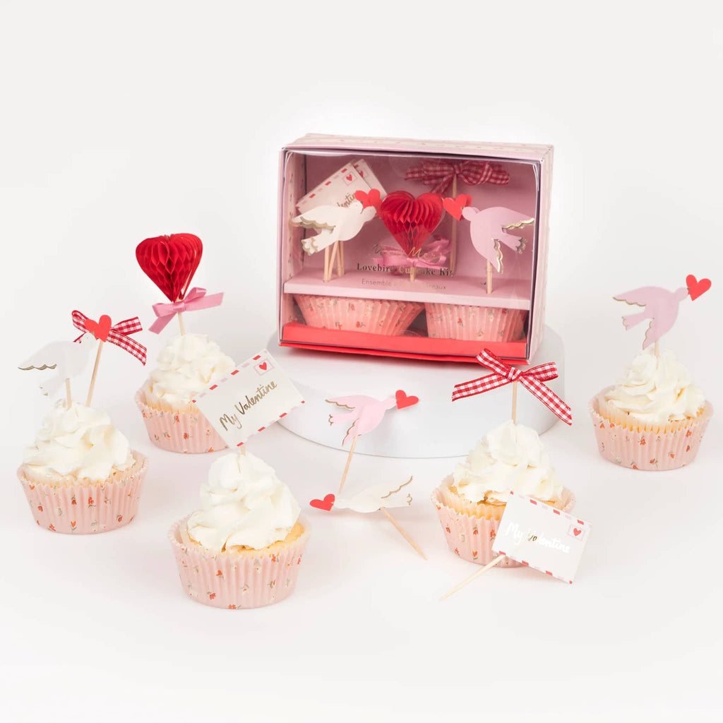 Meri Meri Lovebird Valentine's Day Cupcake Kit in box packaging with decorated vanilla cupcakes in front.