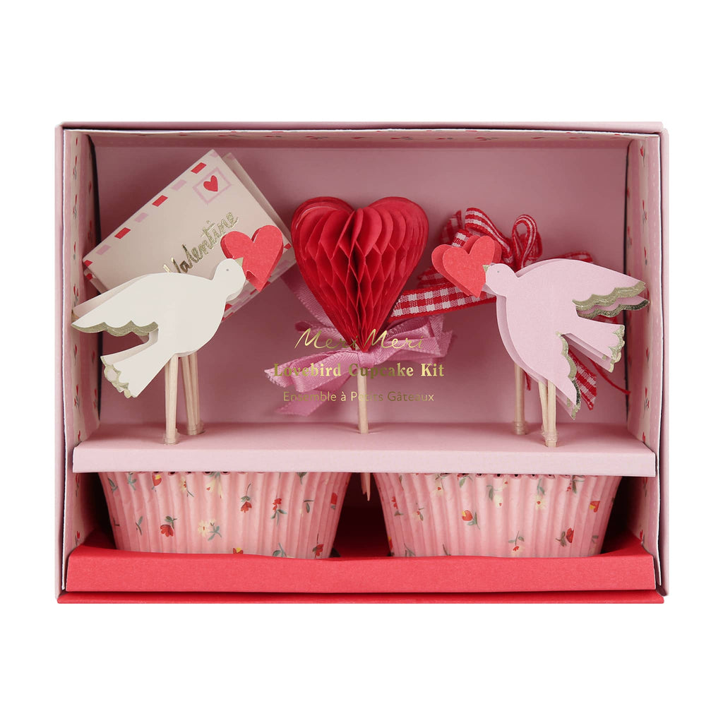 Meri Meri Lovebird Valentine's Day Cupcake Kit in box packaging.