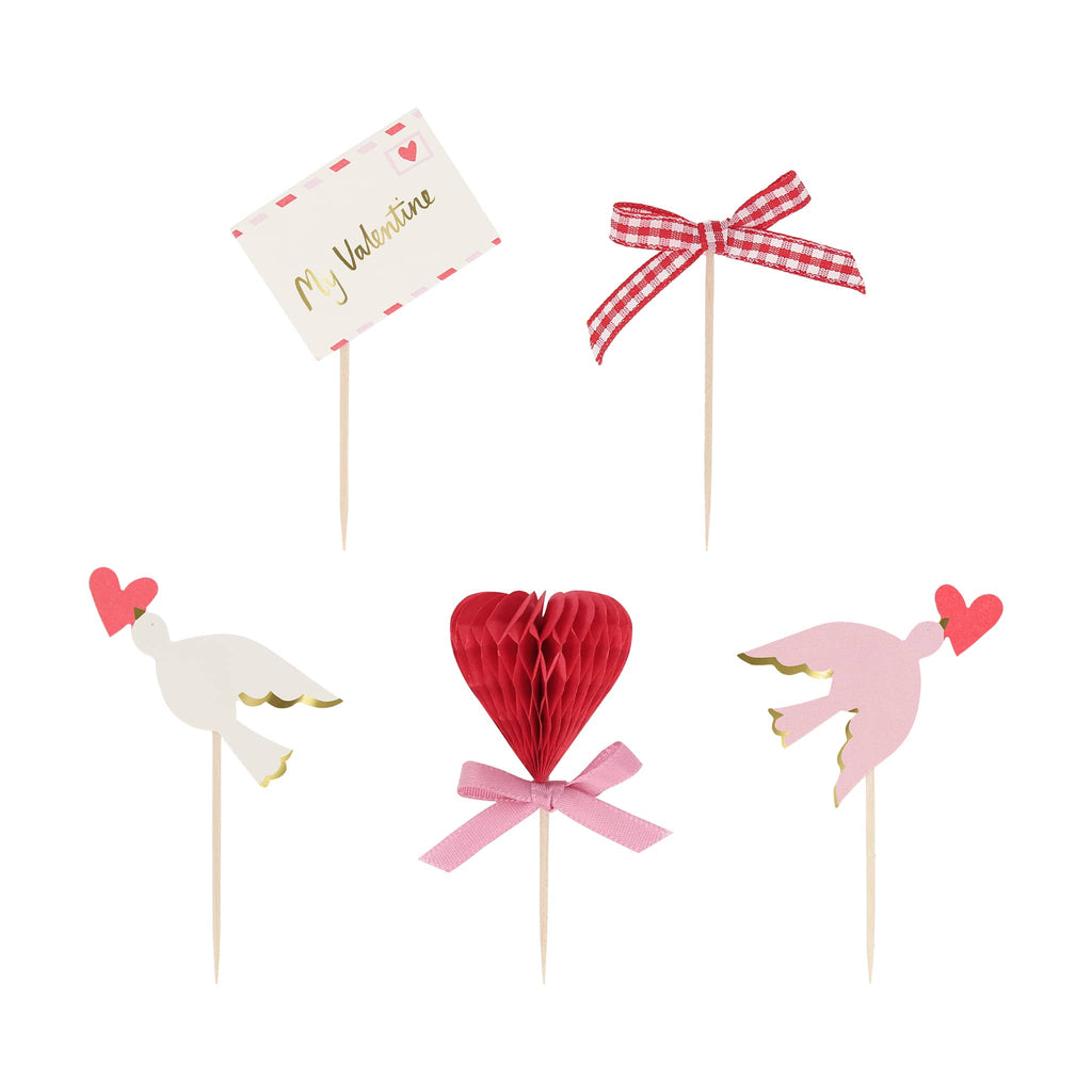 Meri Meri Lovebird Valentine's Day Cupcake Kit, 5 topper styles on wooden cocktail sticks.