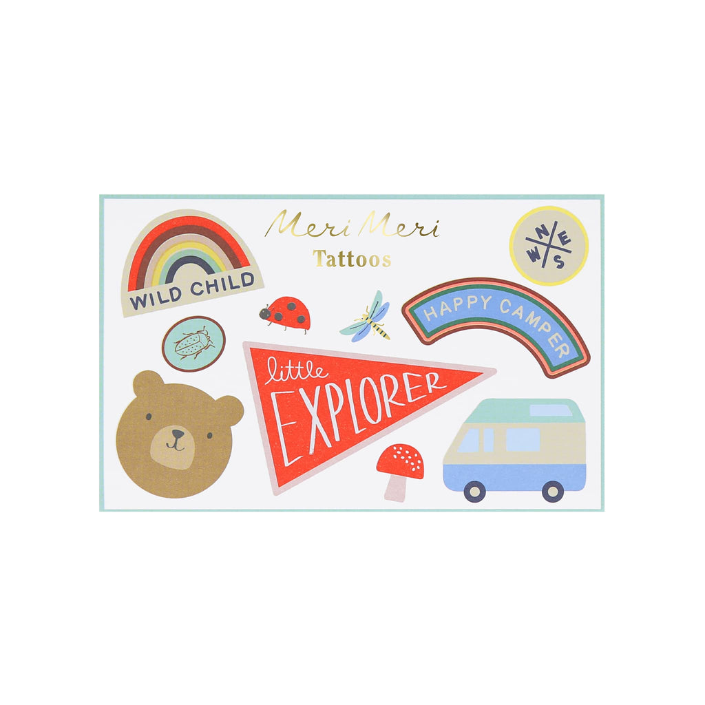meri meri outdoor camping adventures temporary tattoos in packaging, front view.
