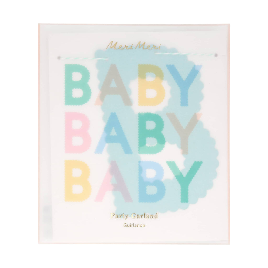 Meri Meri Pastel Scallop Baby garland party decor, in packaging, front view.