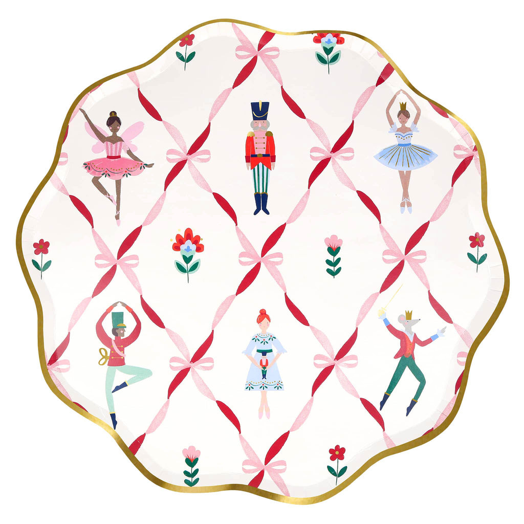 Large paper plate with ballet-themed design featuring dancers and ribbons on a white background.