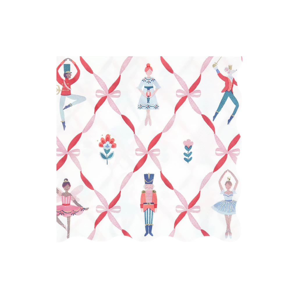Large paper napkin with ballet-themed design featuring dancers and ribbons on a white background.