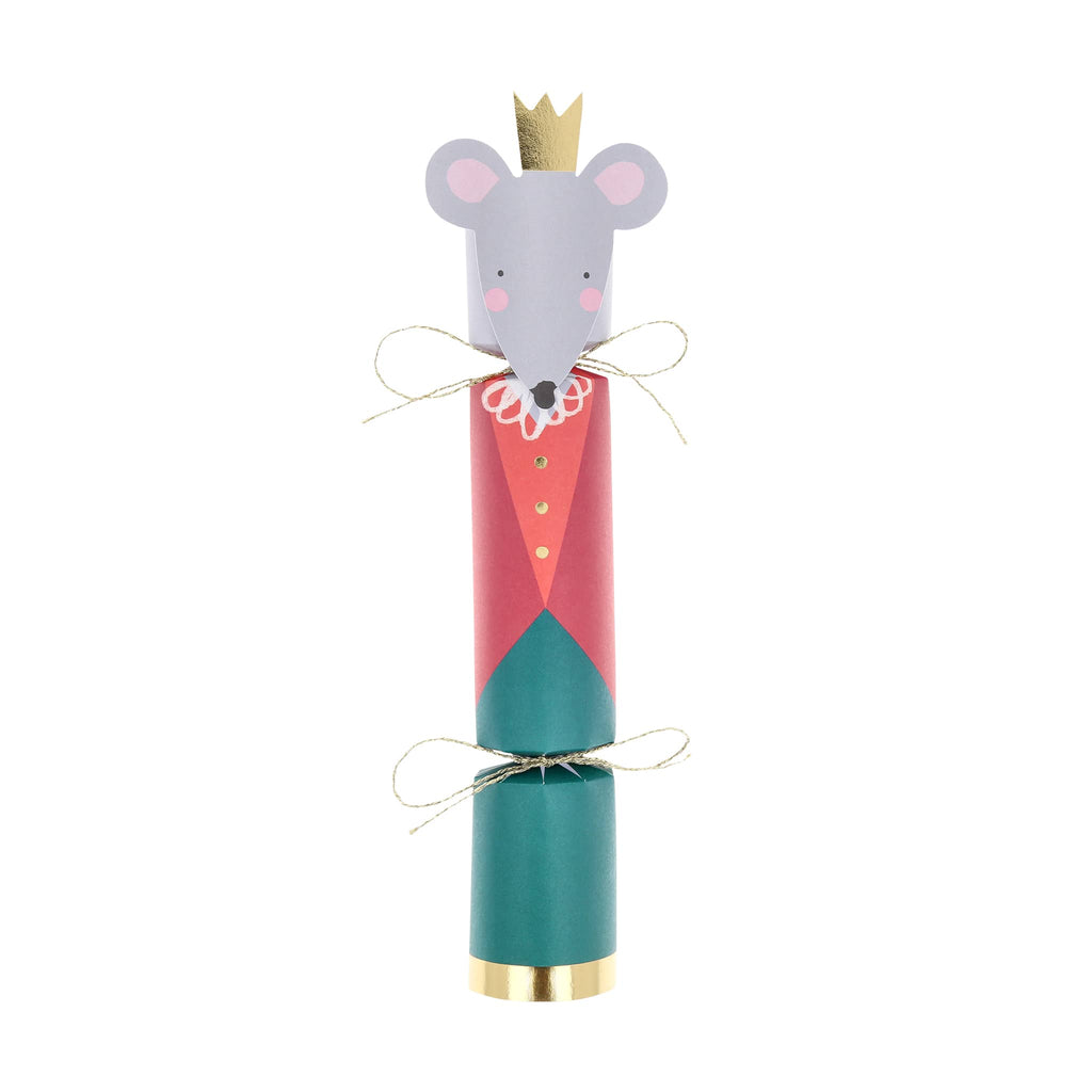 Holiday cracker of mouse with a crown on a white background.