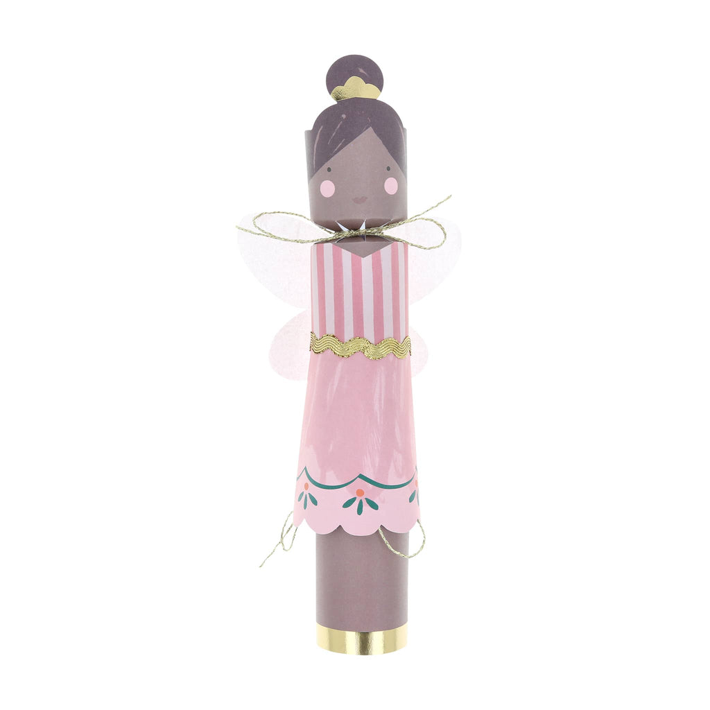 Holiday cracker of girl with a pink dress and fairy wings on a white background.
