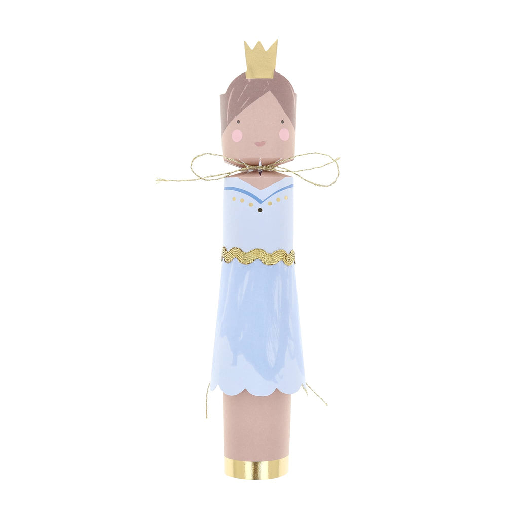 Holiday cracker of girl with a pale blue dress and a crown, on a white background.