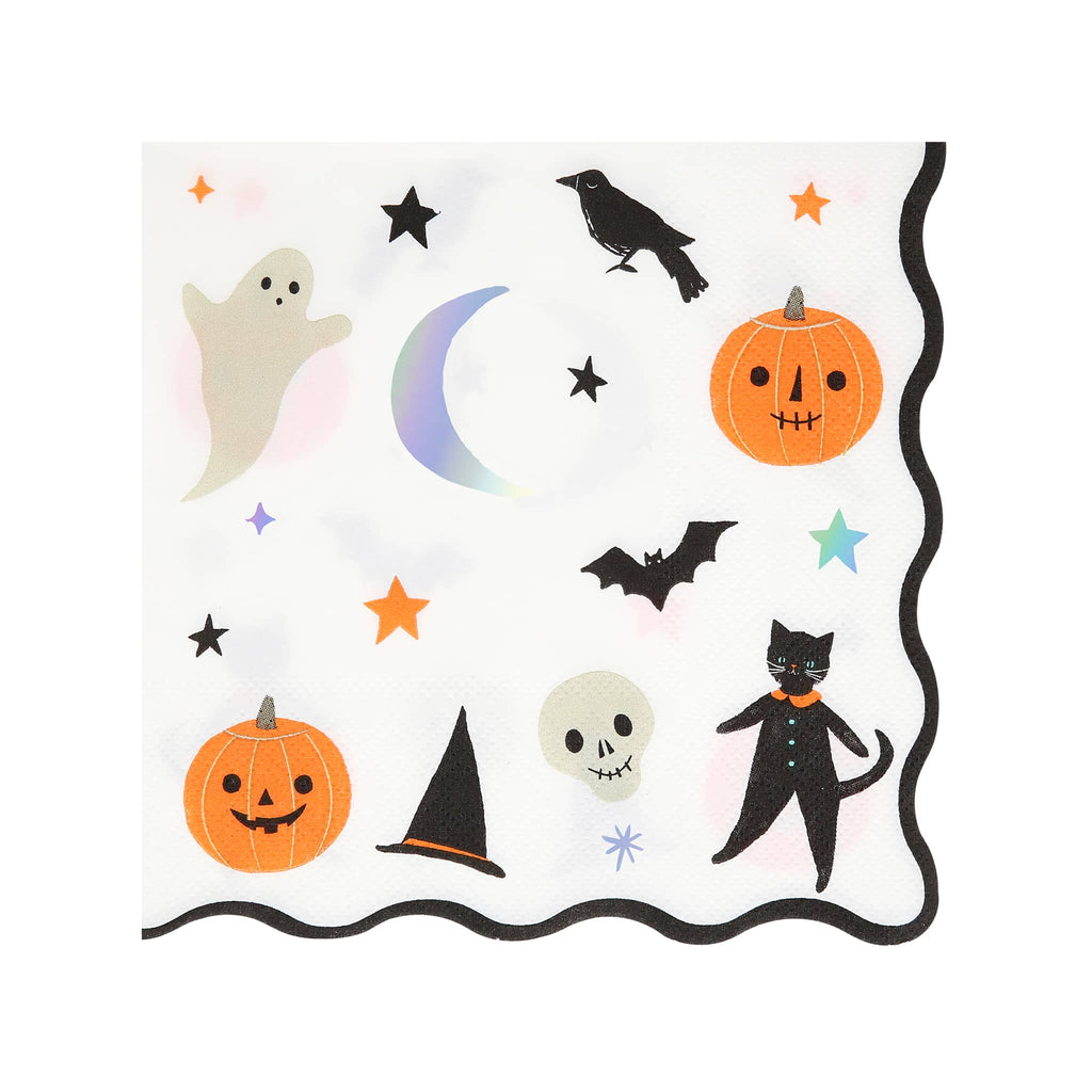 Halloween-themed decorative paper napkins with ghosts, pumpkins, cats, and bats on a white background.
