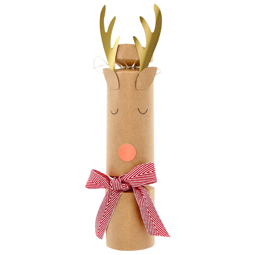 Kraft paper reindeer cracker with gold antlers and a red bow on a white background.