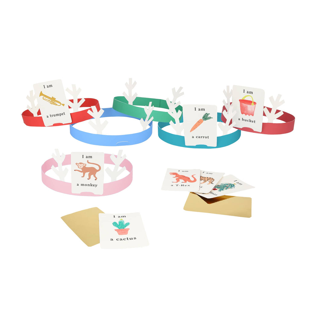 Colorful paper hats with guessing cards on a white background.
