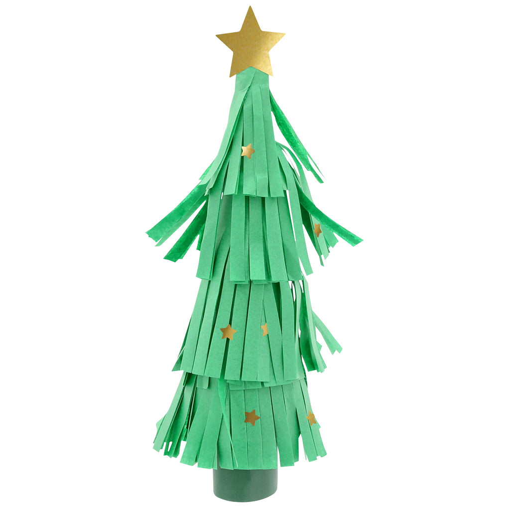 Green paper Christmas tree cracker with gold stars on a white background.