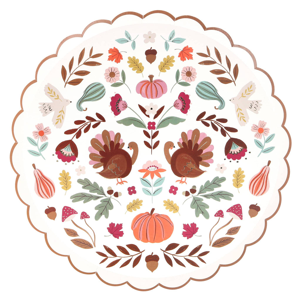 Decorative plate with autumn-themed design featuring turkeys, pumpkins, and leaves on a white background.
