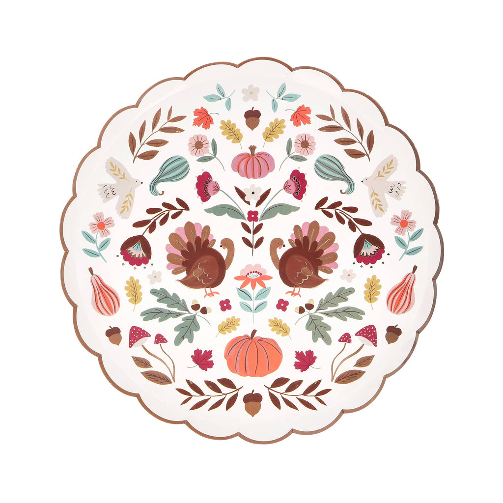 Decorative plate with autumn-themed design featuring turkeys, pumpkins, and leaves on a white background.