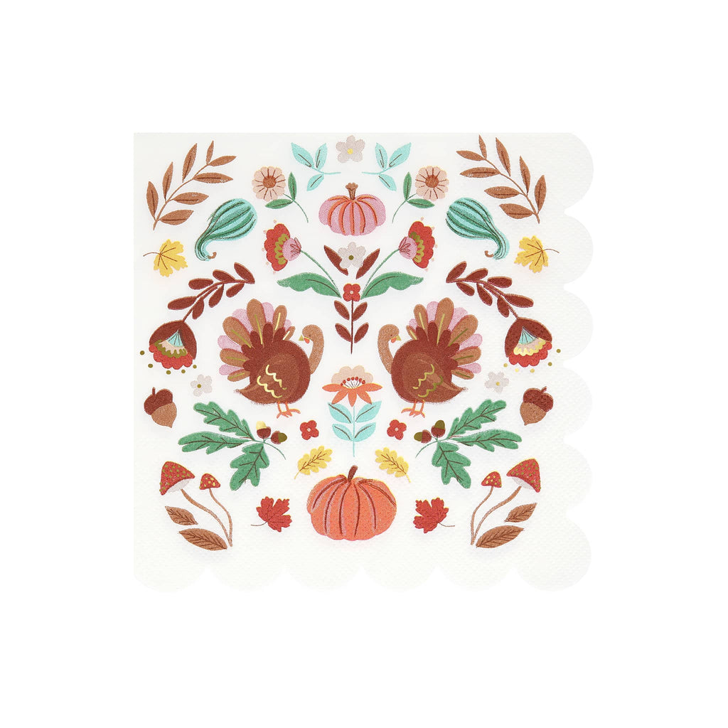 Decorative paper napkin with autumn-themed design featuring turkeys, pumpkins, and leaves on a white background.