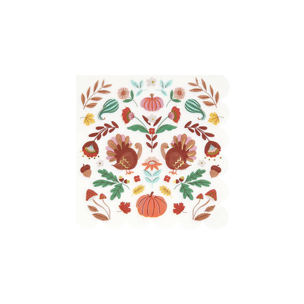 Small napkin with turkeys, pumpkins, and leaves on a white background.
