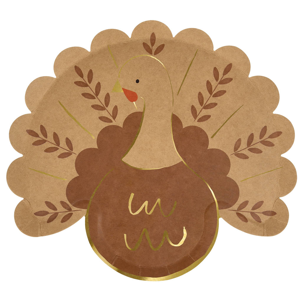 Folk Turkey shaped paper party plate on a white background.