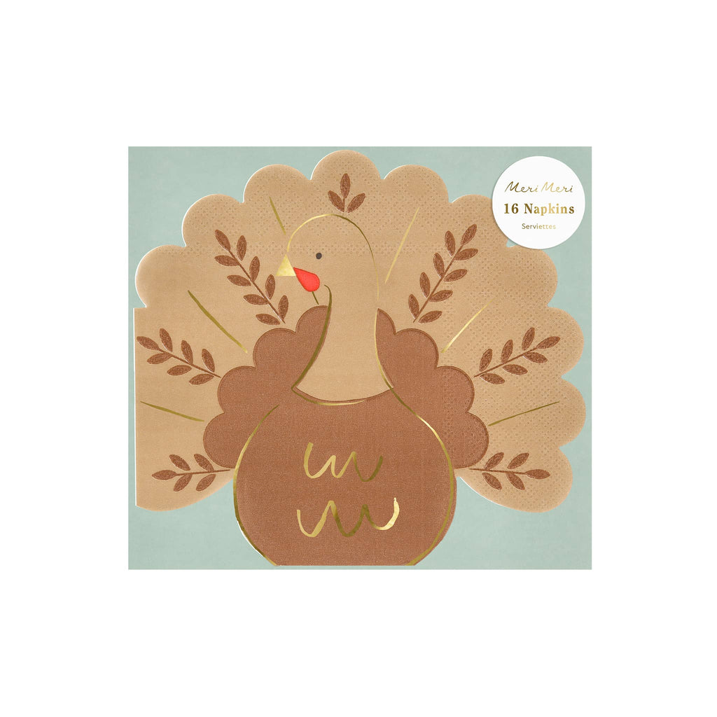 Folk Turkey paper party napkins in packaging, on a white background.