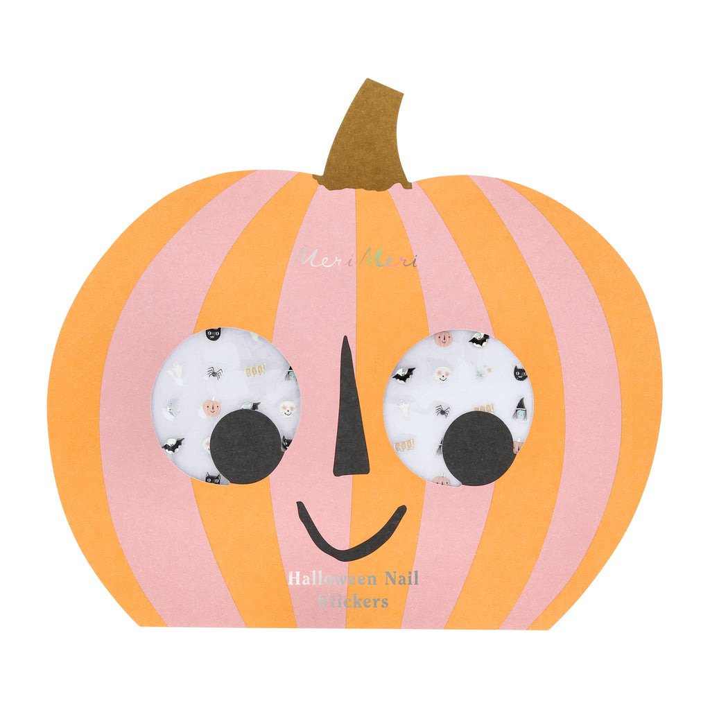 Halloween-themed nail stickers in orange and pink striped pumpkin-shaped packaging on a white background.