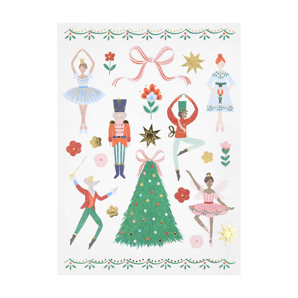 Sheet of stickers with Christmas-themed nutcracker ballet illustrations including dancers, a tree, and decorative elements on a white background.