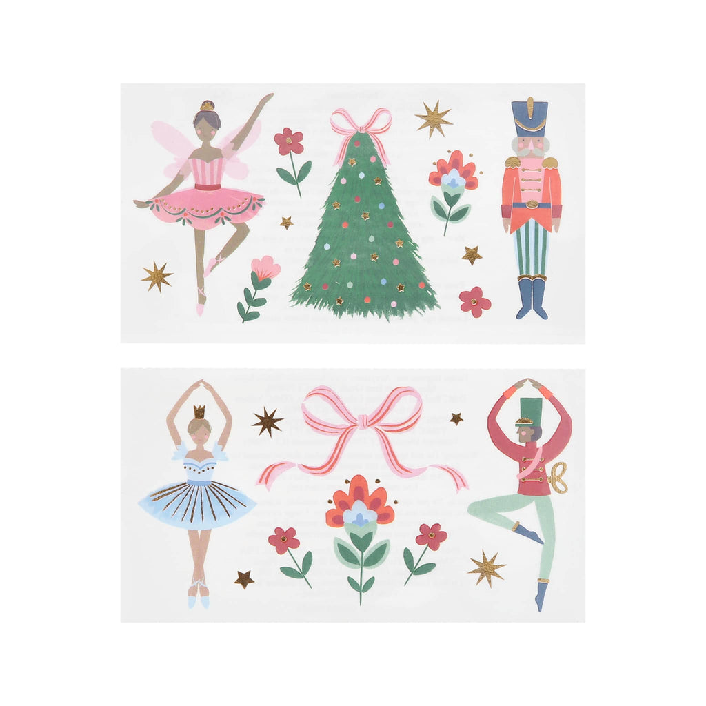 Set of Christmas-themed temporary tattoos featuring ballerinas, a tree, and a nutcracker on a white background.