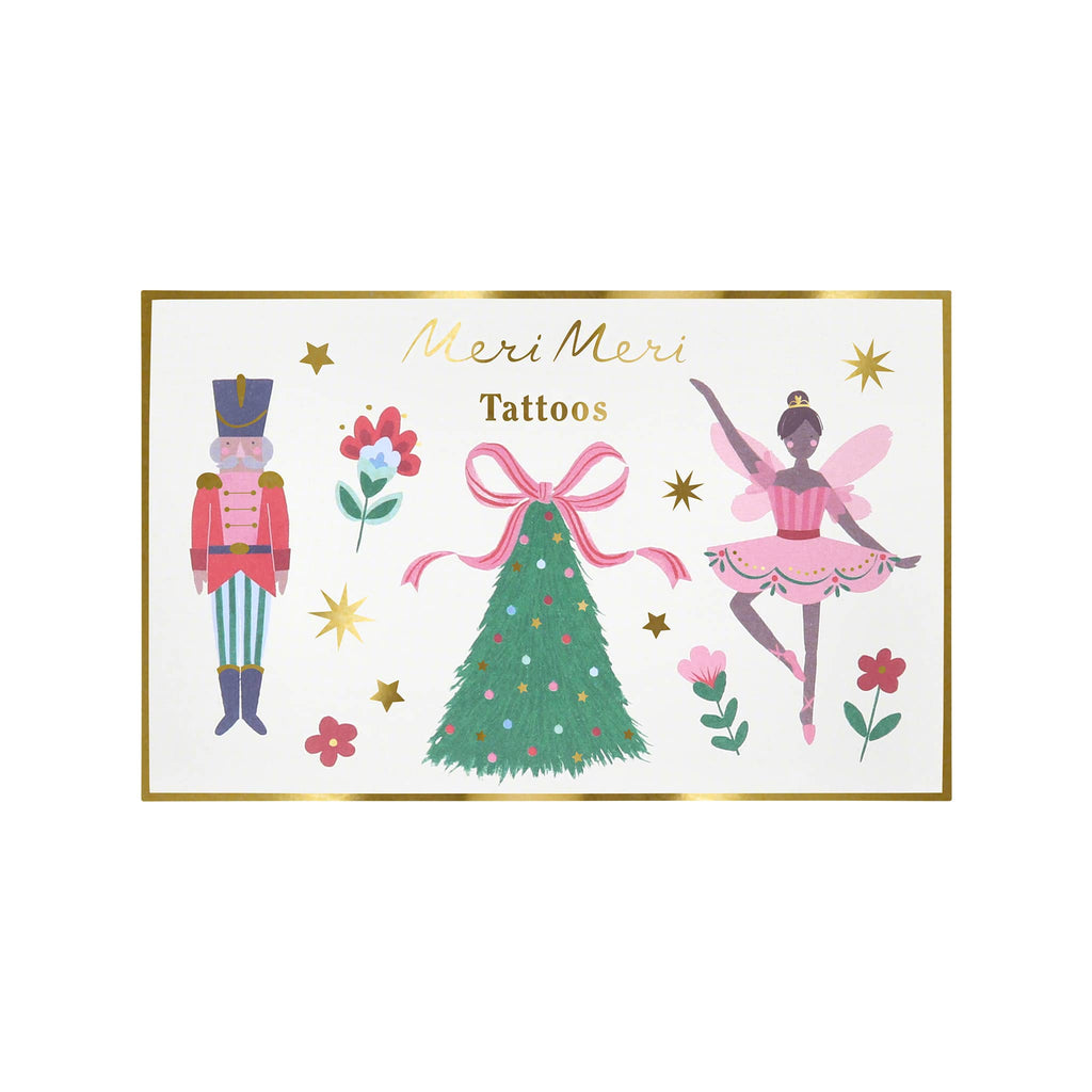 Meri Meri tattoos sheet with Nutcracker, Christmas tree, and ballerina designs on a white background.