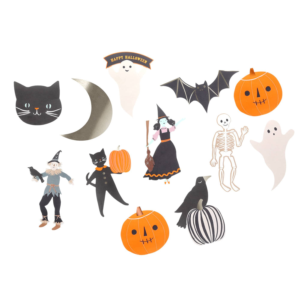 Set of Halloween-themed shaped stickers including pumpkins, ghosts, cats, and a witch on a white background.