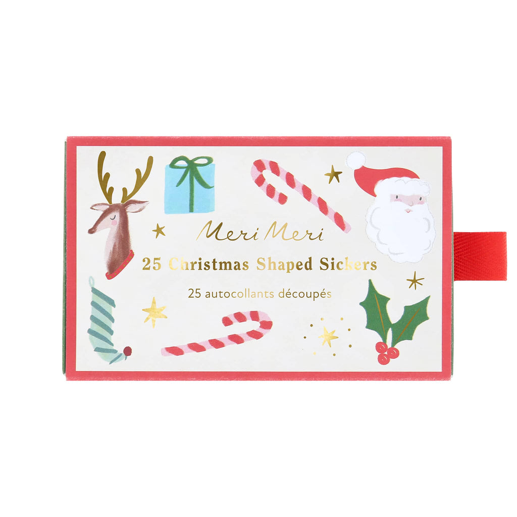 Pack of Christmas-shaped stickers with Meri Meri branding on a white background.