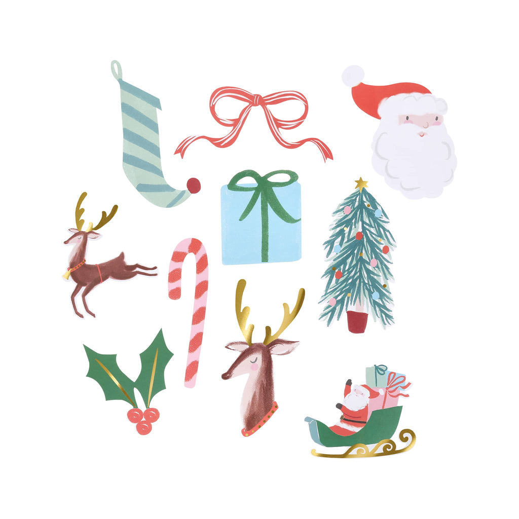 Collection of Christmas-themed shaped stickers including a stocking, bow, gift, tree, candy cane, and more on a white background.