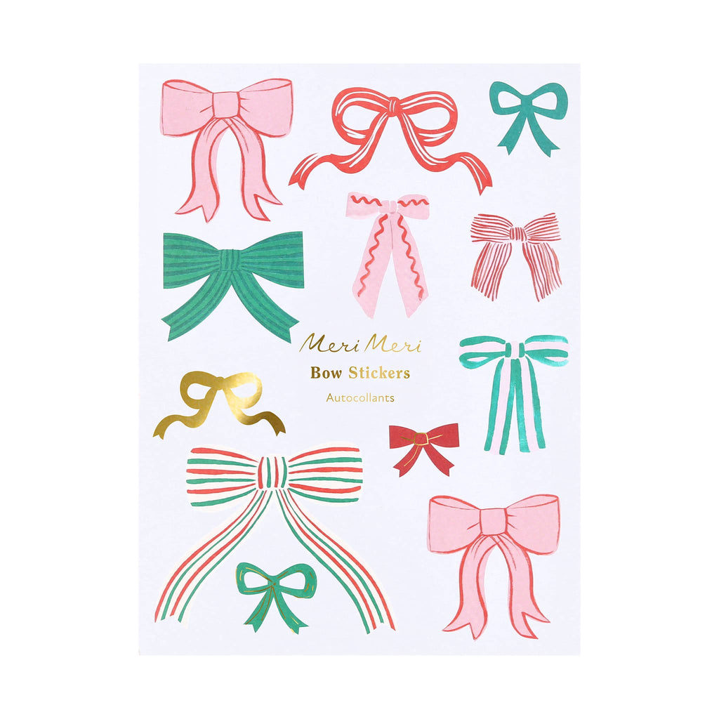 Pack of bow stickers with various designs on a white background.