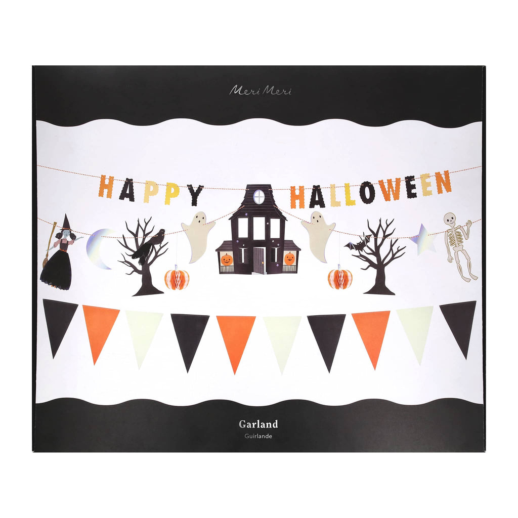 Halloween-themed decorative garland with 'Happy Halloween' text in packaging, on a white background.