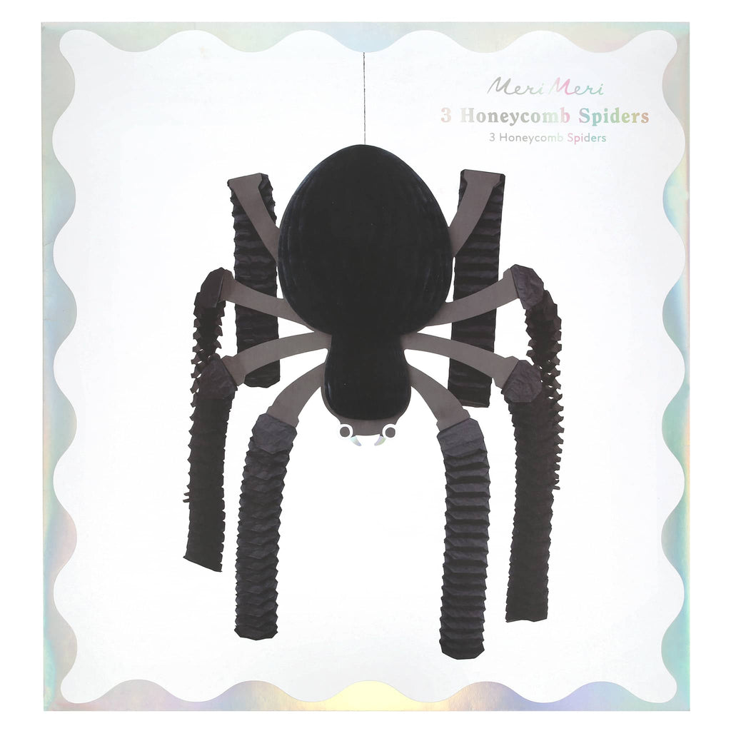 Honeycomb spiders Halloween decor in packaging, on a white background.