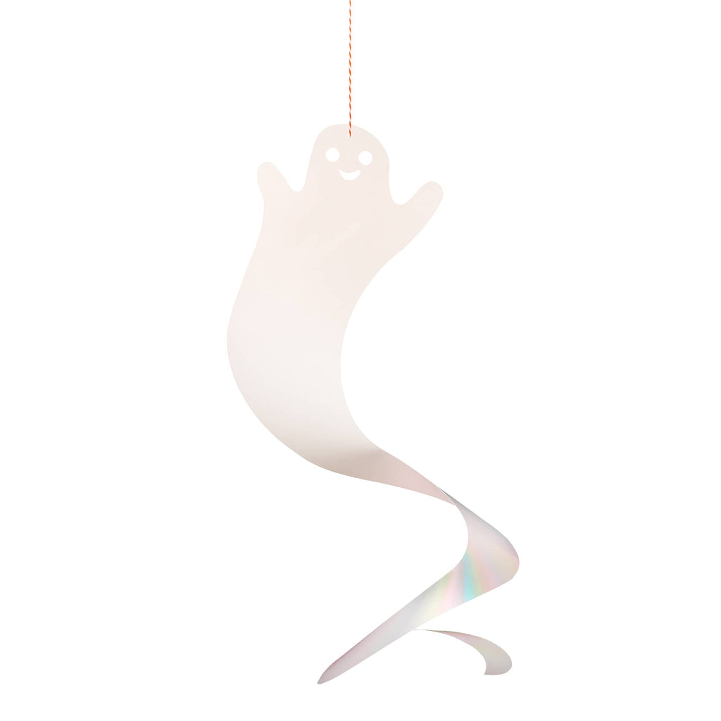 Decorative ghost figure with an iridescent tail on a white background.