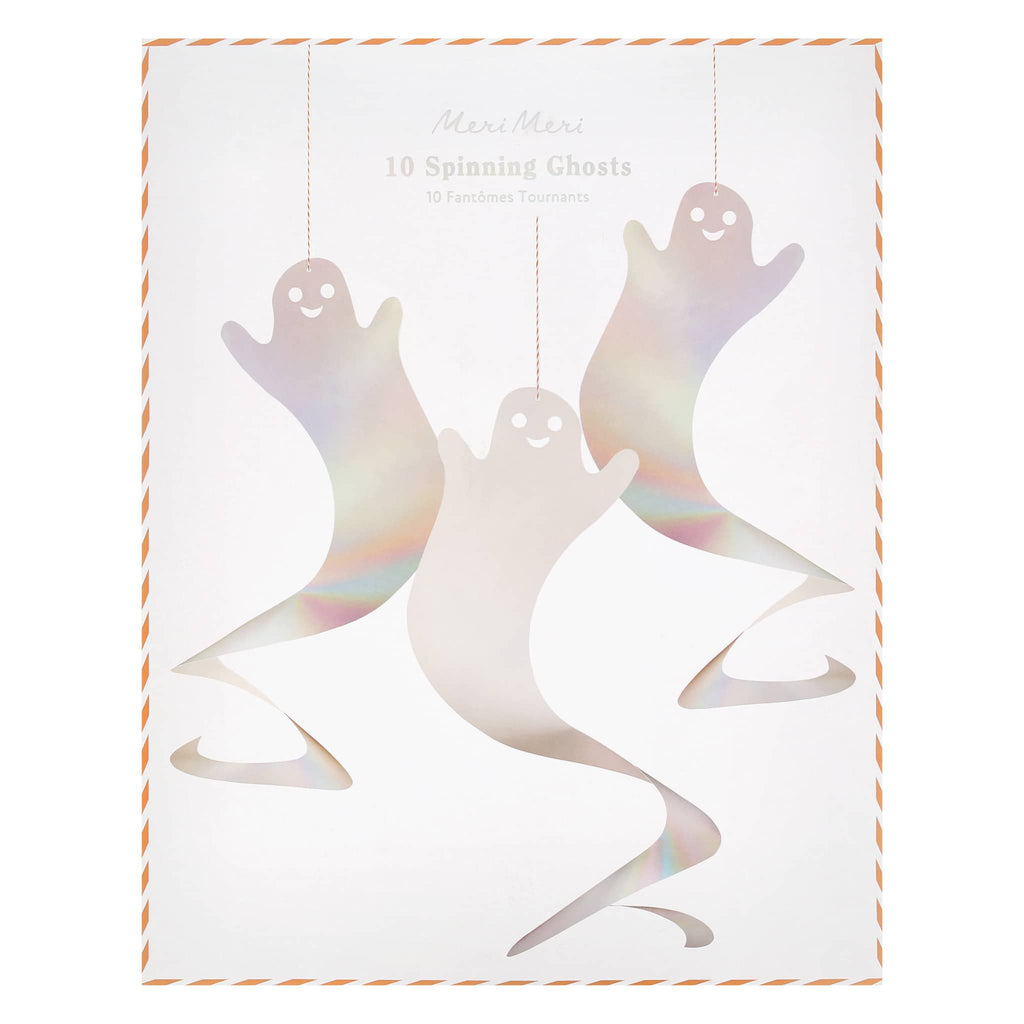 Spinning ghosts Halloween decorations in packaging, on white background.