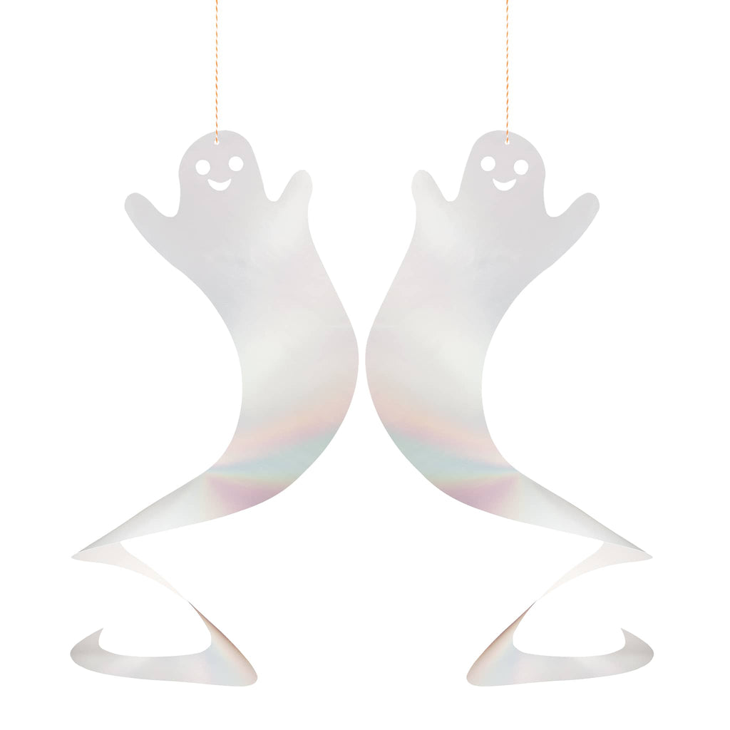 Two iridescent ghost-shaped ornaments hanging against a white background.