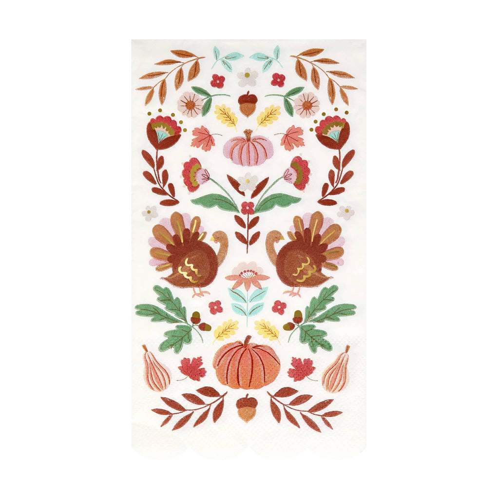 Decorative paper guest towel with autumn-themed design featuring turkeys, pumpkins, and leaves on a white background.