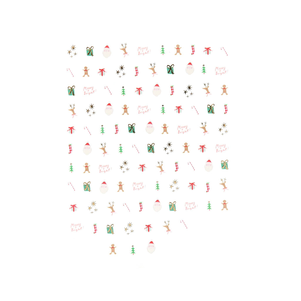 Sheet of Christmas-themed nail stickers in assorted designs, on a white background.