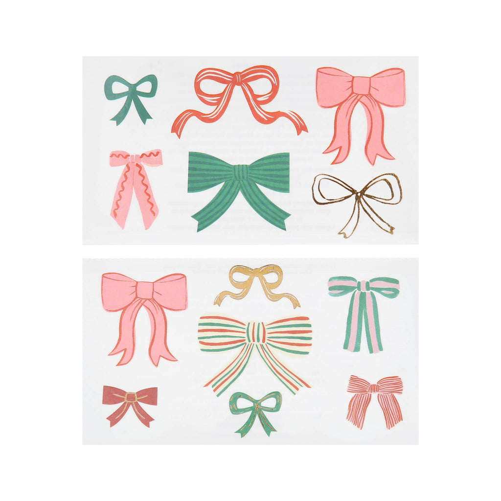 Set of colorful bow temporary tattoo sheets on a white background.