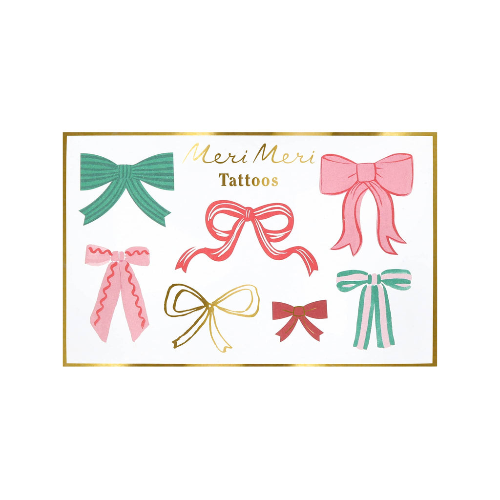 Set of bow-shaped tattoos by Meri Meri on a white background with gold border.