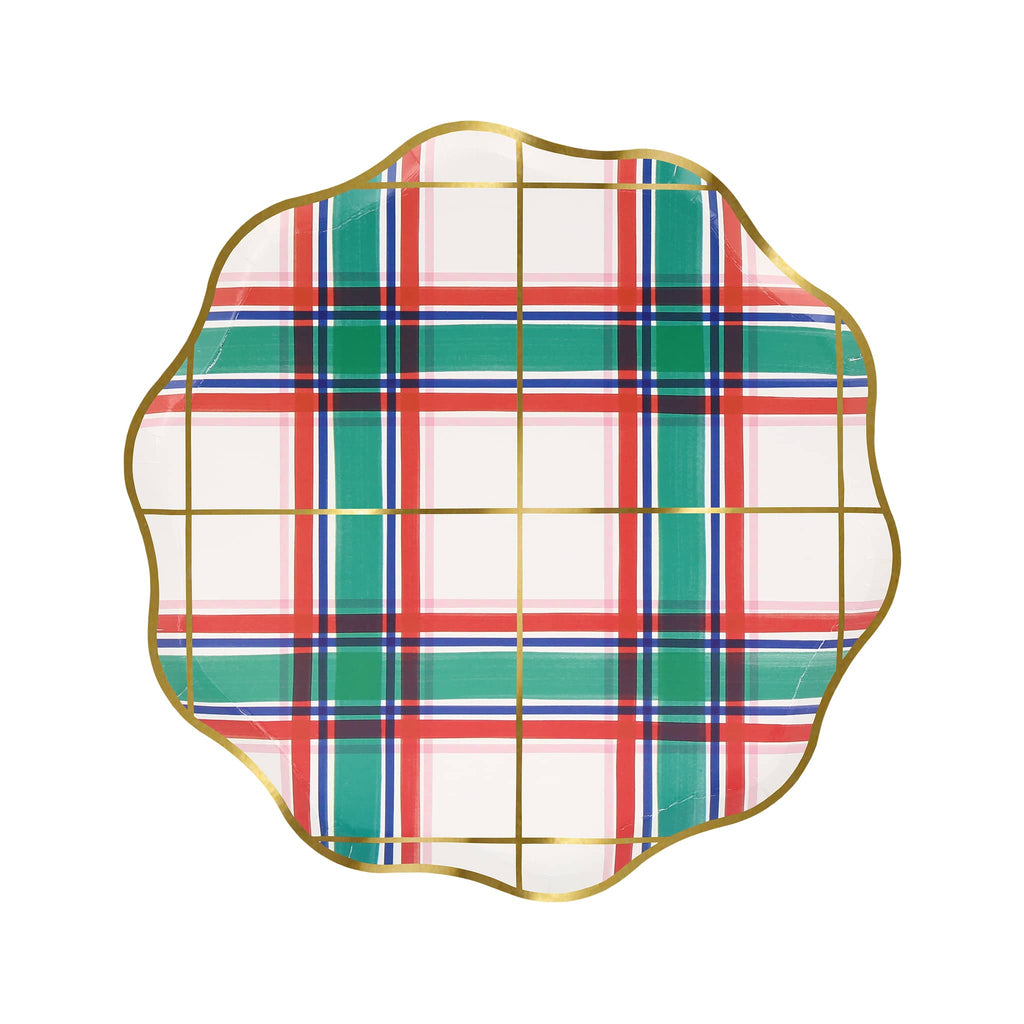 Decorative plate with plaid pattern and gold trim on a white background.