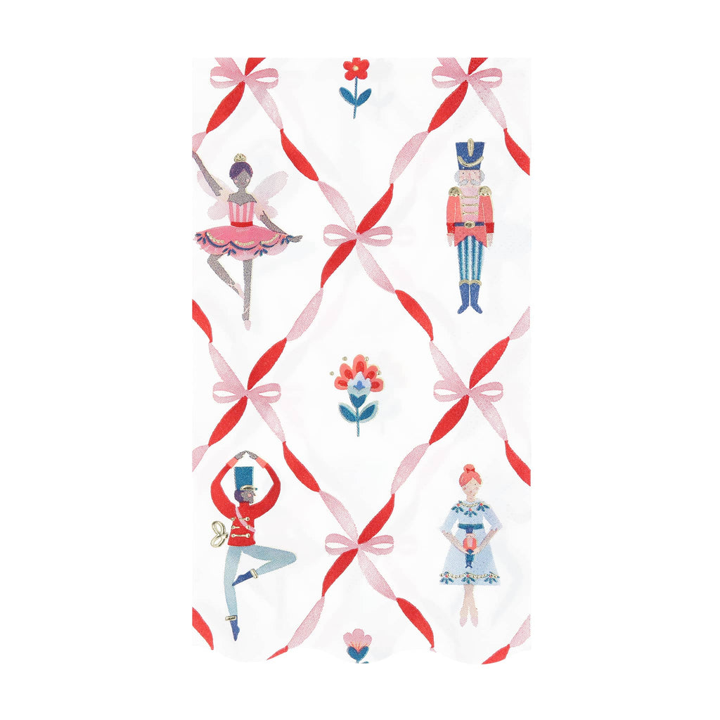 Paper guest towel with illustrations of a ballerina, nutcracker, and flowers on a white background.