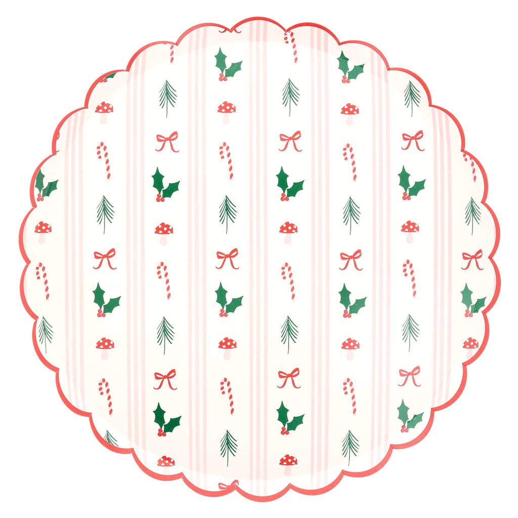 Large paper plate with pink stripes and bows, evergreen sprigs, holly, candy canes and mushroom icons, on a white background.