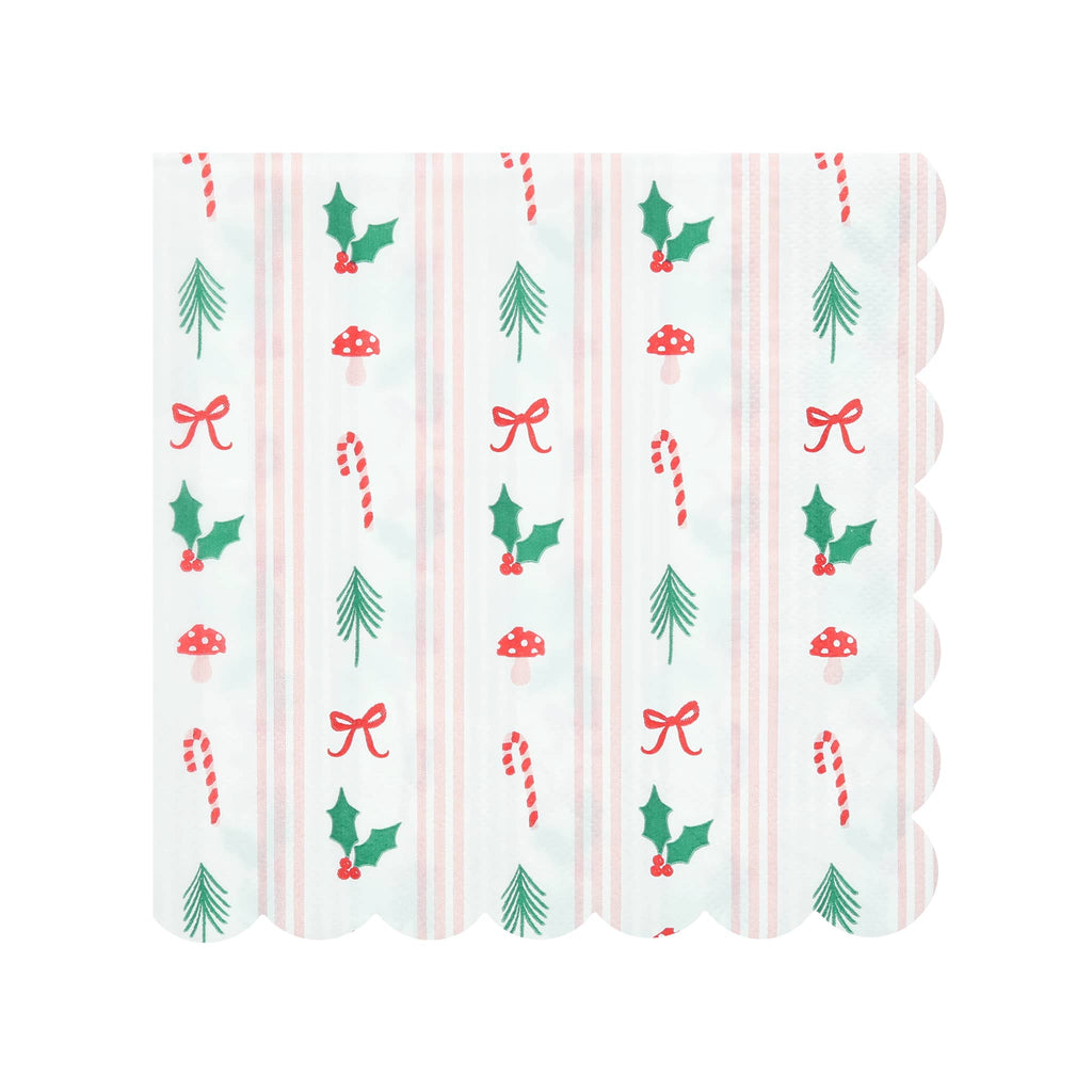 Paper napkin with pink stripes and bows, evergreen sprigs, holly, candy canes and mushroom icons.