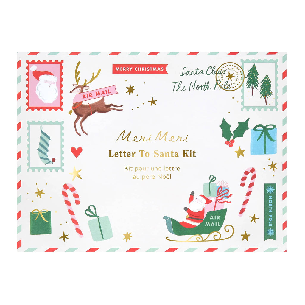 Meri Meri Letter To Santa Kit packaging with festive illustrations on a white background.