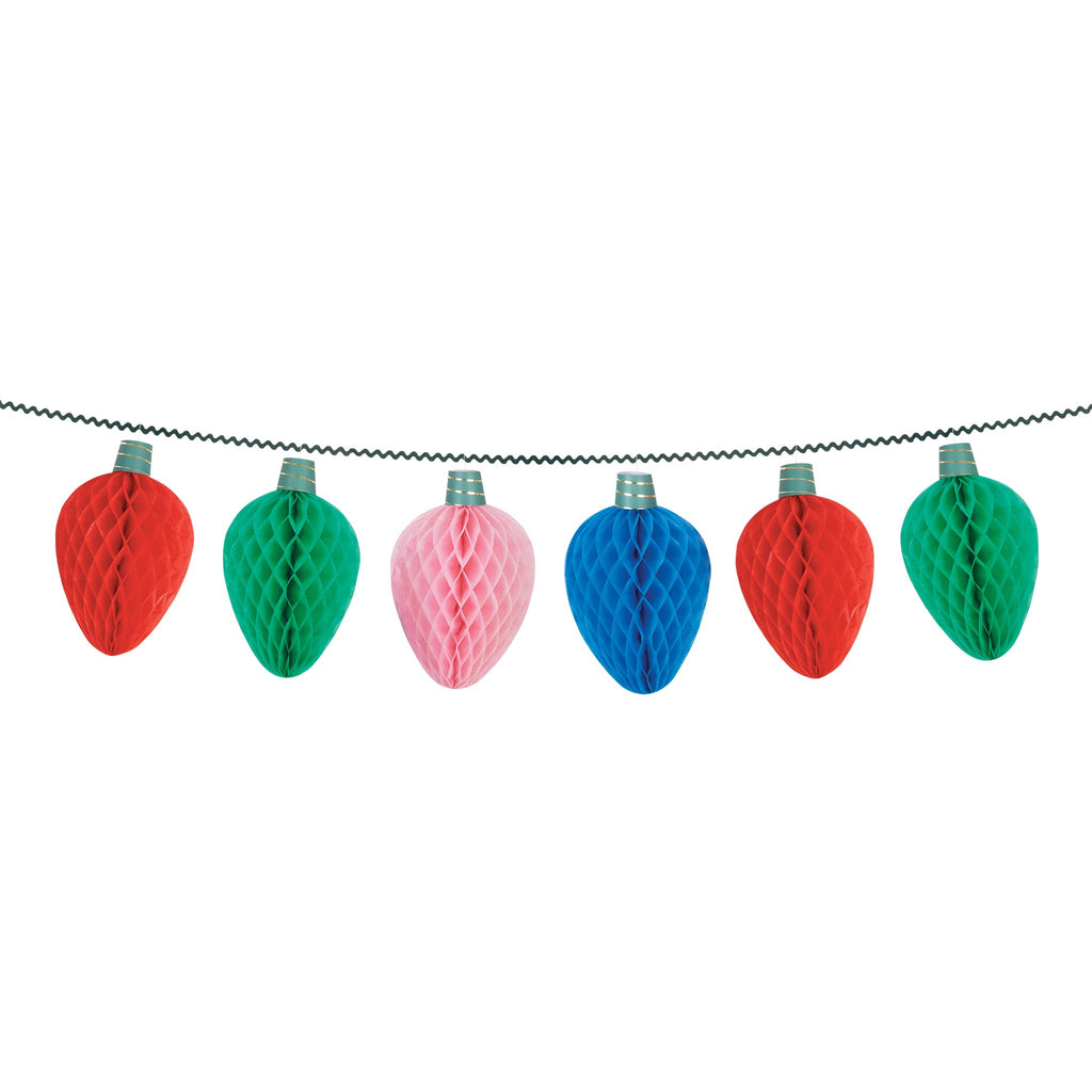 Colorful tissue paper light bulb garland on a white background.