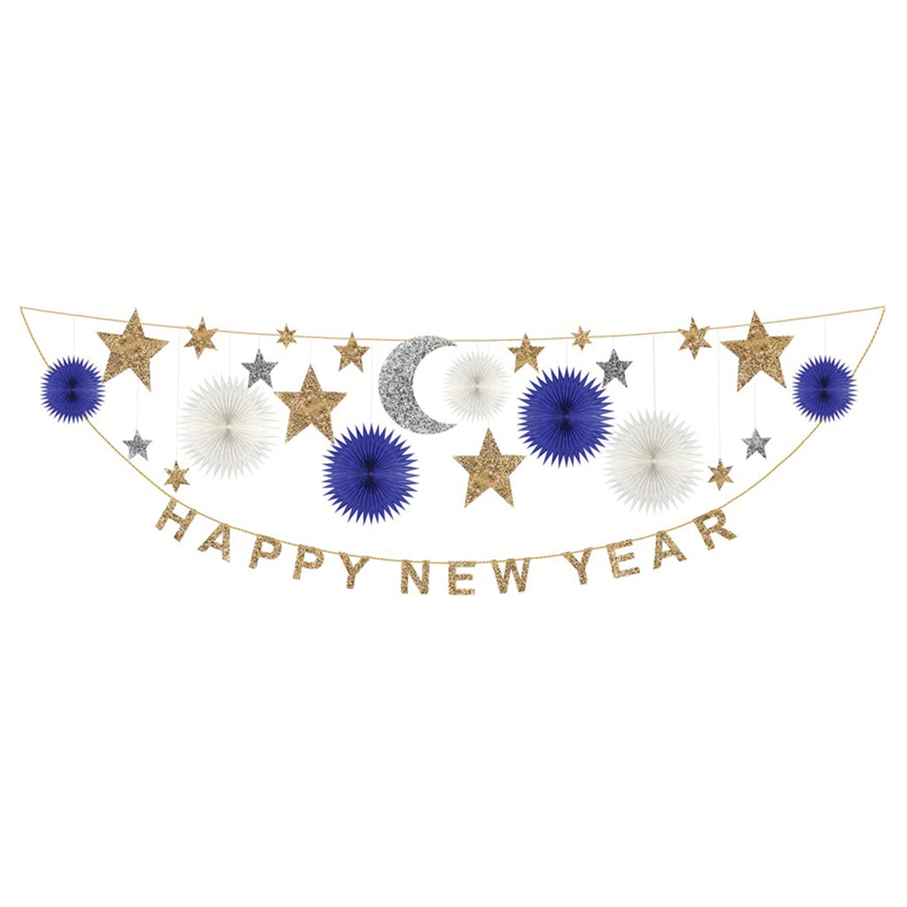 Meri Meri Celestial Happy New Year Garland holiday decoration. Includes 2 garlands: 1 with "happy new year" in glitter gold letters, the other has blue and white honeycomb star fans and chunky gold and silver stars and moons in various sizes.