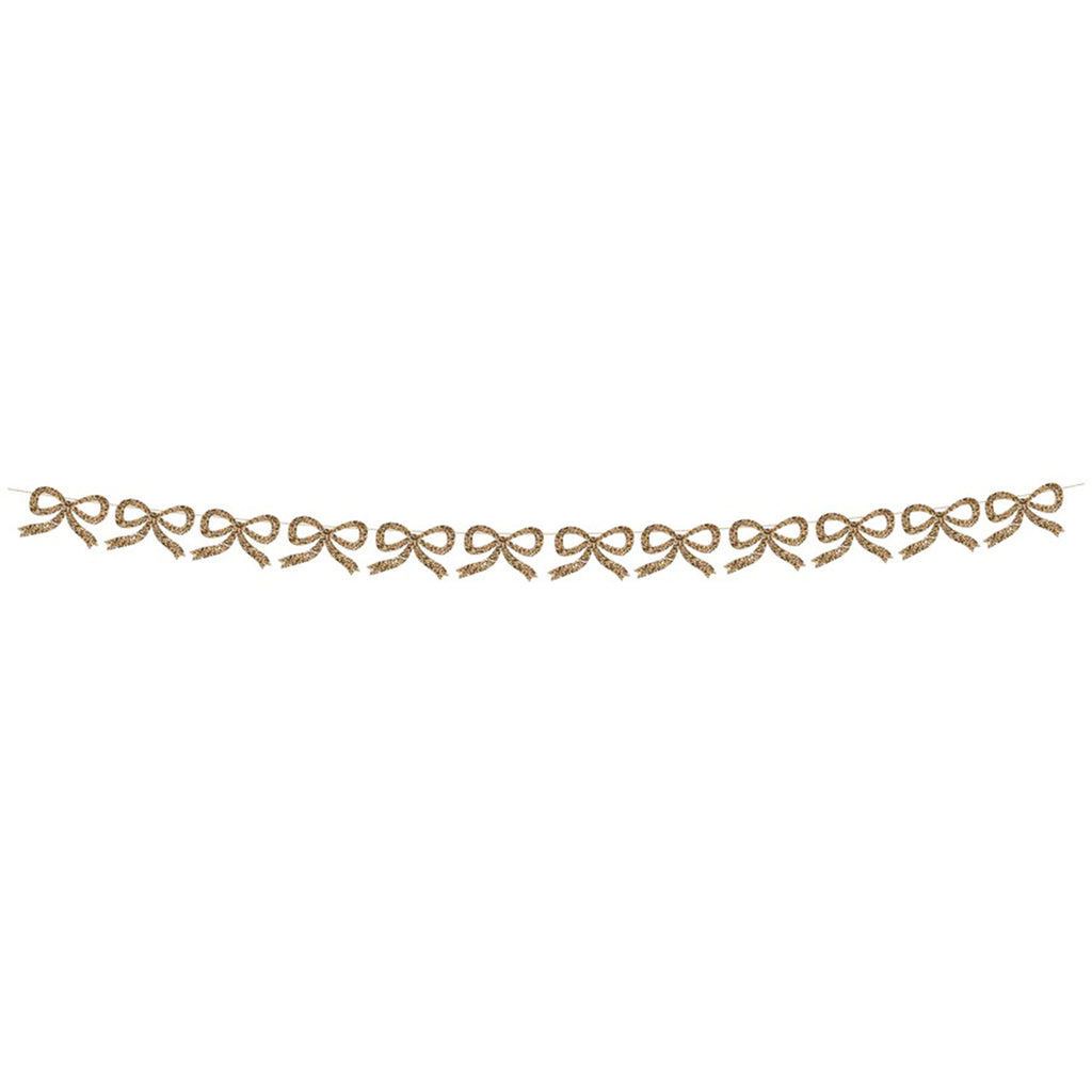 Meri Meri Gold Glitter Bow holiday Christmas garland stretched out to show entire length.