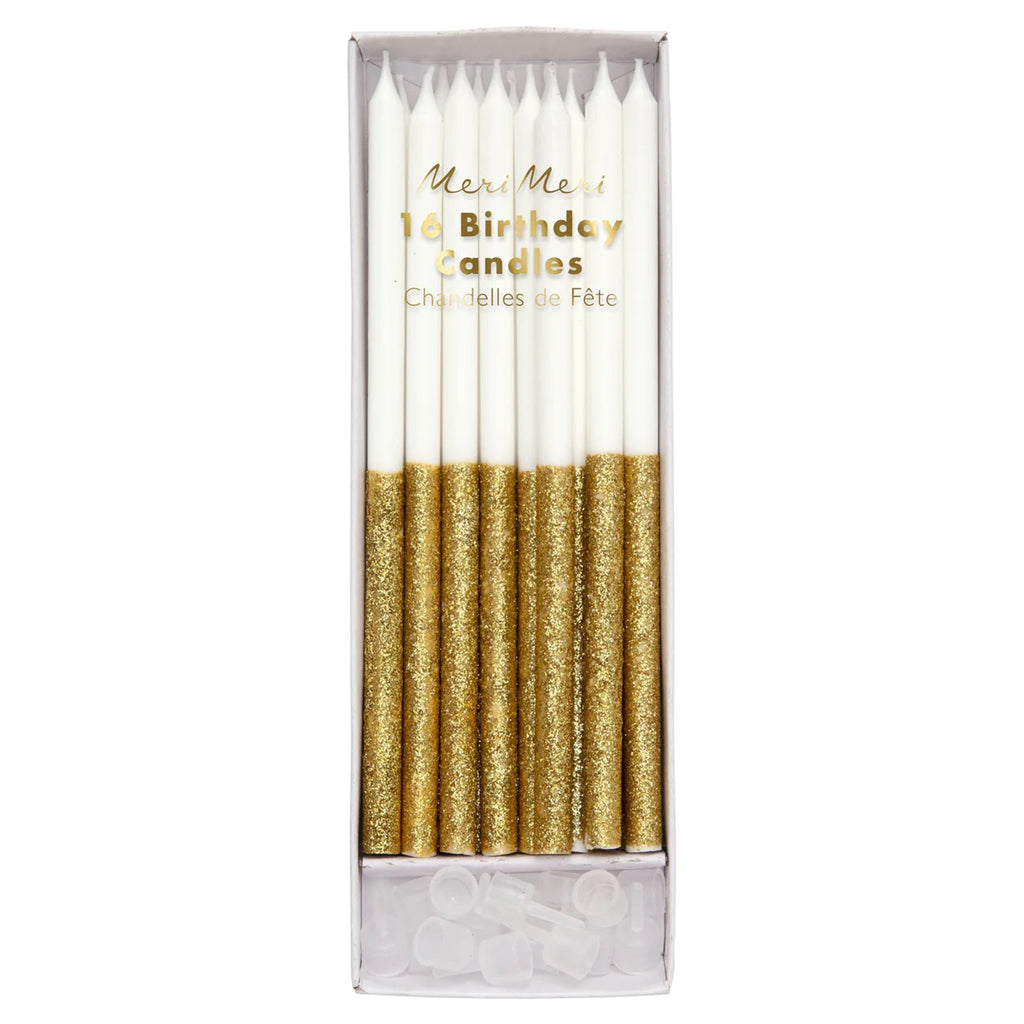 Meri Meri Gold Glitter Dipped Candles, pack of 16 in box packaging with clear plastic holders.